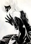  10h_(nier_reincarnation) 1girl black_dress blindfold detached_sleeves dress gloves greyscale hand_up highres medium_hair monochrome nier_(series) nier_reincarnation sitting smile solo thighhighs waving wolf_cut yurikawa_(yurikawa_kwyr) 