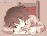  1girl akagi_miria brown_theme closed_eyes dot_nose hair_tie holding holding_pencil idolmaster idolmaster_cinderella_girls idolmaster_cinderella_girls_starlight_stage long_sleeves notebook on_chair open_mouth pencil shirt short_hair sleeping solo two_side_up yamazaki_kazu 