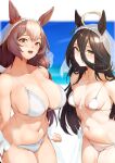  2girls ahoge animal_ears arms_at_sides arms_behind_back bikini black_hair blue_sky blurry blurry_background blush breasts brown_eyes brown_hair cleavage clenched_hands closed_mouth cloud collarbone commission covered_nipples day effort_star hair_between_eyes hair_ribbon highres horse_ears horse_girl horse_tail large_breasts long_hair manhattan_cafe_(umamusume) multicolored_hair multiple_girls navel ocean open_mouth outdoors ribbon sarong see-through_sarong simple_background sky small_breasts smile standing stomach swimsuit tail teeth two-tone_hair umamusume underboob upper_teeth_only veil very_long_hair white_background white_bikini white_hair yamanin_zephyr_(umamusume) yellow_eyes 