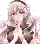  1girl bare_arms bare_shoulders black_dress black_hairband blush breasts closed_mouth collared_dress corrin_(female)_(fire_emblem) corrin_(fire_emblem) dress fire_emblem fire_emblem_fates flower grey_hair hair_between_eyes hairband hands_up highres holding holding_flower kirishima_riona long_hair looking_at_viewer medium_breasts nail_polish petals pink_flower pink_nails red_eyes sleeveless sleeveless_dress solo upper_body white_background 