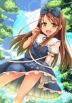  blue_dress blue_sky bow brown_eyes brown_hair cloud day dress fairy_wings hair_bow hand_in_hair highres long_hair niiya open_mouth puffy_sleeves shirt short_sleeves skirt skirt_tug sky smile solo star star_sapphire touhou tree upskirt wind wind_lift wings 