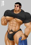  1boy abs absurdres artist_name bara beard biceps black_eyes black_hair blush bracelet bulge clothes_lift facial_hair feet_out_of_frame gigan_(uramakigigan) grey_background highres jewelry large_pectorals lucas_lee male_focus male_swimwear manly mature_male muscular muscular_male nipple_stimulation nipple_tweak nipples pants pectorals penis_base pubic_hair scott_pilgrim_(series) scott_pilgrim_takes_off shirt shirt_lift short_hair signature simple_background solo spiked_hair swim_briefs thick_arms thick_eyebrows thick_thighs thighs veins 