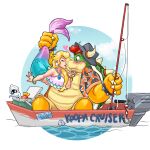  blooper_(mario) boat bowser bracelet chain_chomp cheep_cheep earrings fishing fishing_rod hat highres horns jewelry kiss mario_(series) phantomdame princess_peach princess_peach:_showtime! spiked_bracelet spikes watercraft 