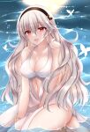  1girl alternate_costume between_legs black_hairband breasts bug butterfly cleavage clothing_cutout corrin_(female)_(fire_emblem) corrin_(fire_emblem) dress fire_emblem fire_emblem_fates grey_hair hairband hand_between_legs highres kirishima_riona long_hair looking_at_viewer medium_breasts navel navel_cutout open_mouth partially_submerged pointy_ears red_eyes seiza sitting smile solo white_dress 