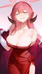  1girl absurdres aru_(blue_archive) aru_(dress)_(blue_archive) bare_shoulders biting_own_lip blue_archive breasts cleavage coat collarbone commentary covered_navel demon_horns dress halo highres horns large_breasts looking_at_viewer official_alternate_costume pink_hair red_coat red_dress revision serelith solo strapless strapless_dress sweatdrop 