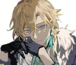  1boy aventurine_(honkai:_star_rail) black_gloves blonde_hair closed_mouth earrings fur_trim gloves hair_between_eyes hitoyuki_00 honkai:_star_rail honkai_(series) jewelry looking_at_viewer male_focus short_hair simple_background solo white_background 
