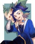  1boy :d adaman_(pokemon) arm_wrap blue_coat brown_eyes coat commentary_request earrings eyebrow_cut green_background hand_up highres jewelry leafeon looking_down male_focus mozu_(teluto) multicolored_hair neck_ring on_shoulder open_mouth pokemon pokemon_(creature) pokemon_legends:_arceus pokemon_on_shoulder ponytail sitting smile teeth tongue upper_teeth_only 