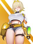  1girl :3 ahoge bag black_gloves black_sports_bra blonde_hair breasts colored_inner_hair commentary_request cowboy_shot crop_top crop_top_overhang detached_sleeves elegg_(nikke) fang fanny_pack gauntlets gloves goddess_of_victory:_nikke hair_intakes hair_over_eyes highres large_breasts midriff multicolored_hair navel open_mouth rolling-boys shirt short_hair short_shorts shorts sidelocks skindentation solo sports_bra standing suspender_shorts suspenders thigh_strap twitter_username two-tone_hair white_shirt 
