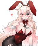  absurdres ahoge animal_ears between_breasts blonde_hair blush bow breasts cat_ears collarbone fake_animal_ears grey_eyes hair_ornament heart heart_ahoge heterochromia highres korean_text kumarang large_breasts leotard long_hair looking_at_viewer mole mole_on_breast original playboy_bunny rabbit_ears red_bow red_eyes red_leotard simple_background smile speech_bubble strapless strapless_leotard thighs very_long_hair white_background 