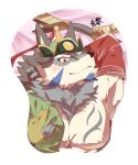 anthro athletic athletic_anthro blush canid canine canis clothing fur grey_body grey_fur hands_behind_head hat headgear headwear hi_res lifewonders male mammal mousepad_design pecs ruentn solo temujin tokyo_afterschool_summoners wolf