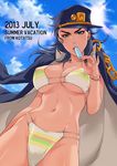  bikini black_hair breasts chain covered_nipples food genderswap genderswap_(mtf) green_eyes hat highres jojo_no_kimyou_na_bouken kotatsu_(g-rough) kuujou_joutarou large_breasts long_coat long_hair popsicle solo summer swimsuit 