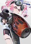  1girl :3 absurdres bike_shorts black_shorts closed_mouth commentary_request eyelashes feet_out_of_frame flower-shaped_pupils goggles goggles_on_head grey_background gun highres holding holding_gun holding_weapon inkling_girl inkling_player_character lumos pink_eyes pink_hair pointy_ears range_blaster_(splatoon) short_hair short_twintails shorts simple_background smirk smug solo splashtag_(splatoon) splatoon_(series) splatoon_3 standing sticker symbol-shaped_pupils tentacle_hair thick_eyebrows thigh_strap twintails weapon 