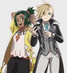  2boys :d black_pants blonde_hair closed_mouth coat collared_shirt commentary_request ear_piercing gladion_(pokemon) gladion_(sygna_suit)_(pokemon) green_eyes green_hair grey_eyes grey_vest hau_(pokemon) hau_(sygna_suit)_(pokemon) highres jewelry long_sleeves male_focus mocollie multiple_boys necklace necktie official_alternate_costume open_clothes open_coat open_mouth pants piercing pokemon pokemon_masters_ex shirt short_hair short_ponytail smile teeth upper_teeth_only v vest white_shirt yellow_coat 