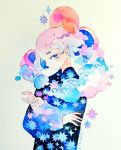  1girl cloud expressionless eyebrows_visible_through_hair gradient_hair long_sleeves looking_at_viewer maruti_bitamin multicolored_hair original pink_hair profile red_sun short_hair simple_background solo traditional_media upper_body watercolor_(medium) white_background 