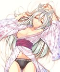  animal_ears black_panties breasts highres japanese_clothes long_hair lying medium_breasts no_bra on_back original panties red_eyes shirousagi_uyu silver_hair smile solo underwear 