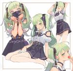  1girl ahoge alternate_costume arm_behind_head black_choker black_skirt blue_nails blunt_bangs bright_pupils choker closed_eyes clothing_cutout commentary_request fanged_bangs fingernails food food_in_mouth fruit full_body gloves green_eyes green_hair grin half_gloves hands_on_own_face hatsune_miku heart highres jirai_kei long_fingernails looking_at_viewer mask miniskirt mouth_mask multiple_views nail_polish no_shoes open_mouth pleated_skirt puffy_short_sleeves puffy_sleeves shirinda_fureiru shirt short_sleeves shoulder_cutout simple_background sitting skirt smile strawberry thighhighs twintails vocaloid wariza white_background white_gloves white_pupils white_shirt white_thighhighs zettai_ryouiki 
