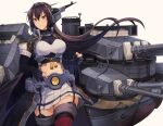  1girl black_gloves black_hair breasts closed_mouth cowboy_shot elbow_gloves gloves hashtag_only_commentary headgear kantai_collection kasumi_(skchkko) large_breasts long_coat looking_at_viewer machinery metal_belt nagato_(kancolle) nagato_kai_ni_(kancolle) partially_fingerless_gloves pleated_skirt red_eyes red_thighhighs rigging sakuramon skirt smile solo thighhighs white_skirt 