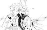  1boy closed_mouth earrings gloves greyscale halo head_wings highres honkai:_star_rail honkai_(series) jewelry long_sleeves looking_to_the_side male_focus monochrome renjian_shilian short_hair simple_background solo sunday_(honkai:_star_rail) wings 