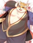 &lt;3 anthro asian_clothing bed belly blush canid canine canis clothed clothing domestic_dog east_asian_clothing eyebrows furniture hi_res japanese_clothing kimono lying male mammal moobs musashi_(tamacolle) on_back one_eye_closed open_clothing open_kimono overweight purple_eyes solo tamacolle thick_eyebrows wink yamacon0105