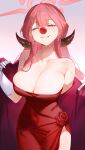  1girl absurdres aru_(blue_archive) aru_(dress)_(blue_archive) bare_shoulders biting_own_lip blue_archive breasts cleavage coat collarbone commentary covered_navel demon_horns dress halo highres horns large_breasts looking_at_viewer official_alternate_costume pink_hair red_coat red_dress serelith solo strapless strapless_dress sweatdrop 