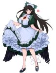  1girl alternate_costume apron atom bird_wings black_footwear black_hair black_wings blush breasts brown_eyes canonball_(dungigi12) cleavage cleavage_cutout closed_mouth clothing_cutout collared_dress commentary_request curtsey dress enmaided frilled_dress frilled_shirt_collar frills full_body green_dress heart heel_up highres korean_commentary large_breasts long_hair looking_at_viewer maid mary_janes medium_bangs reiuji_utsuho shoes simple_background smile solo standing third_eye touhou transparent_background waist_apron white_apron wings 