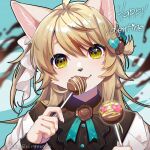  1girl ahoge animal_ears animal_nose blonde_hair blue_background blurry blurry_background blurry_foreground brown_hair chocolate dog_ears eating fang food furry furry_female hair_ornament happy_valentine heart heart_hair heart_hair_ornament holding holding_food ko-on_(ningen_zoo) long_hair looking_at_viewer multicolored_hair original solo streaked_hair twitter_username yellow_eyes 