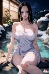  architecture artist_logo black_hair blue_eyes boa_hancock breasts earrings east_asian_architecture highres jemma_(iajemma) jewelry large_breasts night night_sky one_piece onsen sky snow thighs white_towel 
