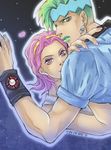  1girl artist_name bad_id bad_pixiv_id couple dress earrings green_eyes green_hair hairband headband hetero hikoc jewelry jojo_no_kimyou_na_bouken kishibe_rohan pink_eyes pink_hair short_hair signature sugimoto_reimi 