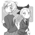  2girls ^^^ alternate_hairstyle assam_(girls_und_panzer) closed_mouth commentary_request darjeeling_(girls_und_panzer) dress_shirt flying_sweatdrops girls_und_panzer greyscale hair_pulled_back hair_ribbon hair_tie highres leaning_forward light_frown long_hair long_sleeves looking_at_viewer looking_back miniskirt monochrome multiple_girls necktie open_mouth partial_commentary pleated_skirt renshiu ribbon school_uniform shirt short_hair short_ponytail skirt st._gloriana&#039;s_school_uniform standing sweatdrop sweater v-neck wing_collar 