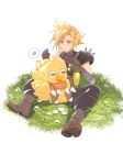  1boy armor baggy_pants blonde_hair blue_eyes brown_footwear chocobo closed_mouth cloud_strife final_fantasy final_fantasy_vii food full_body grass heart highres holding holding_food holding_vegetable keiseki1 looking_at_another pants short_hair shoulder_armor single_bare_shoulder sitting sleeveless sleeveless_turtleneck sparkle spiked_hair spoken_heart sweatdrop sweater trembling turtleneck turtleneck_sweater vegetable white_background 
