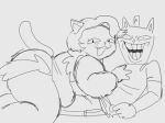2024 anarchoblues anthro belly big_butt biped bottomwear burgerpants butt catty_(undertale) clothed clothing domestic_cat duo fangs fat_arms felid feline felis female female_on_top greyscale grin hair hand_on_chest hat headgear headwear looking_at_viewer lying male male/female male_on_bottom mammal monochrome narrowed_eyes norbit_(film) on_back on_bottom on_top open_mouth open_smile overalls overweight overweight_anthro overweight_female pants parody pupils shirt side_view simple_background sketch slit_pupils smile teeth thick_thighs topwear undertale_(series) white_background