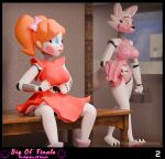 3d_(artwork) anthro blackterio blender_(software) blue_eyes bottomwear circus_baby_(fnaf) clothed clothing digital_media_(artwork) duo female female/female five_nights_at_freddy&#039;s five_nights_at_freddy&#039;s:_sister_location fully_clothed funtime_foxy_(fnaf) funtime_foxy_(fnafsl) hair hi_res humanoid nude orange_hair pink_clothing pink_suit red_bottomwear red_clothing red_skirt red_topwear scottgames sister_location skirt suit topless topwear white_body