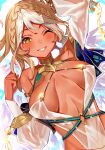  1girl absurdres andromeda_(fate) bare_shoulders blonde_hair breasts cleavage dark-skinned_female dark_skin fate/grand_order fate_(series) green_eyes grin highres large_breasts long_hair looking_at_viewer one_eye_closed smile solo tsukudani_(ore624) white_hair 