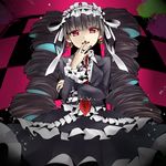  black_hair blood blood_splatter bonnet celestia_ludenberck checkered checkered_background danganronpa danganronpa_1 drill_hair gothic_lolita highres lolita_fashion long_hair necktie red_eyes richard_(ri39p) smile solo twin_drills twintails 