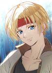  1boy black_shirt blonde_hair blue_eyes claude_kenni closed_mouth collarbone headband highres jacket kikopoko11 looking_at_viewer male_focus red_headband retro_artstyle shirt short_hair smile solo star_ocean star_ocean_the_second_story 