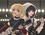  2girls absurdres black_choker black_shirt bright_pupils chinese_commentary choker chromatic_aberration closed_mouth commentary_request detached_sleeves electric_guitar guitar highres holding holding_guitar holding_instrument hood hood_up hoodie inoue_takina instrument light_particles lock looking_at_viewer lycoris_recoil multiple_girls nishikigi_chisato parted_lips plectrum plectrum_in_mouth purple_eyes red_eyes shirt short_sleeves smile striped_sleeves upper_body white_hoodie white_pupils yanlingjinshilihuahua 