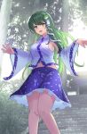  1girl :d absurdres bare_shoulders blue_eyes blue_skirt blush breasts collared_shirt commentary detached_sleeves feet_out_of_frame floating_hair frilled_skirt frills frog_hair_ornament green_hair hair_between_eyes hair_ornament hands_up highres kiritanpo117 kochiya_sanae long_hair long_sleeves looking_at_viewer medium_breasts navel nontraditional_miko open_mouth outdoors photo_background shirt skirt sleeveless sleeveless_shirt smile snake_hair_ornament solo standing touhou twitter_username white_shirt white_sleeves wide_sleeves 