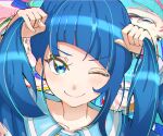  1girl ;) absurdres blue_eyes blue_hair blue_jacket closed_mouth commentary cure_sky cut_bangs hands_in_hair highres hirogaru_sky!_precure jacket long_hair long_sleeves looking_at_viewer noe_graphics one_eye_closed precure school_uniform single_sidelock smile solo sora_harewataru sorashido_academy_school_uniform twintails 