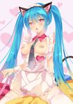  animal_ears apron aqua_hair bandaid bandaids_on_nipples blush breasts cat_ears cat_tail collar hatsune_miku heart heart-shaped_pupils highres long_hair medium_breasts mvv necktie open_mouth pasties red_eyes sitting solo symbol-shaped_pupils tail thighhighs twintails very_long_hair vocaloid 