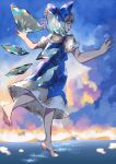  1girl :d aojirozame1228 aqua_eyes bare_legs barefoot blue_bow blue_dress bow cirno detached_wings dress flying full_body hair_bow highres ice ice_wings looking_at_viewer looking_back mountainous_horizon multicolored_sky ocean open_hands open_mouth outdoors outstretched_arms profile puffy_short_sleeves puffy_sleeves shirt short_sleeves sky smile soles solo teeth touhou upper_teeth_only white_shirt wings 