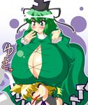  2girls akasode_(tyaramu) bare_shoulders bent_over blonde_hair blood blush breasts bursting_breasts chyaramu cleavage covered_nipples erect_nipples eyes_closed female gigantic_breasts green_eyes green_hair hat multiple_girls soga_no_tojiko touhou toyosatomimi_no_miko 