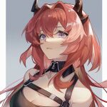  1girl arknights bare_shoulders black_horns border breasts cleavage closed_mouth detached_collar film_grain grey_background hair_between_eyes hair_intakes horns light_smile long_hair looking_at_viewer outside_border portrait pupuchi82 purple_eyes red_hair slit_pupils solo surtr_(arknights) white_border zipper_pull_tab 