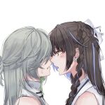  2girls black_hair blue_eyes blue_hair blush china_dress chinese_clothes dress earrings face-to-face fu_hua grey_hair hair_over_eyes hair_over_one_eye hanfu highres honkai_(series) honkai_impact_3rd imminent_kiss jewelry light_blush lin_zhaoyu long_hair looking_at_another multicolored_hair multiple_girls official_alternate_costume open_mouth par_sato ribbon simple_background single_earring streaked_hair sweat sweatdrop tassel tassel_earrings wedding_dress white_background white_dress white_hanfu white_ribbon yellow_background yuri 