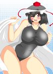  1girl akasode_(tyaramu) black_hair breasts chyaramu curvy female hat highleg highres huge_breasts leaning_forward one-piece_swimsuit open_mouth red_eyes shameimaru_aya short_hair solo standing swimsuit tokin_hat touhou towel wink 