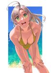  1girl bikini breasts cleavage collarbone grey_hair highres kantai_collection kinugasa_(kancolle) large_breasts leaning_forward long_hair looking_at_viewer ojipon open_mouth smile solo standing swimsuit yellow_bikini 
