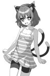  1girl :d alternate_costume animal_ear_fluff animal_ear_piercing animal_ears bare_arms bare_shoulders breasts bright_pupils cat_ears cat_tail chen collarbone commentary_request cowboy_shot earrings fang greyscale hair_between_eyes jewelry looking_at_viewer monochrome multiple_tails nekomata onkn_sxkn open_mouth petite short_hair shorts simple_background single_earring small_breasts smile solo tail thigh_gap touhou two_tails white_background white_pupils 