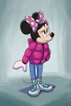 anthro black_body bow_(feature) clothed clothing coat digital_media_(artwork) disney female footwear gloves handwear headgear headwear hi_res jacket leogcady mammal minnie_mouse mouse murid murine rodent shoes simple_background solo topwear winter_clothing winter_coat