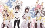  1boy 3girls amamiya_sora arms_up black_hair blonde_hair bracelet chaldea_uniform crying dancing fate/grand_order fate_(series) fou_(fate) fujimaru_ritsuka_(male) head_wings hildr_(fate) hood jewelry jitome kono_subarashii_sekai_ni_shukufuku_wo! multiple_girls ono_misao ortlinde_(fate) parody pink_hair thighhighs thrud_(fate) tomorrow_(konosuba) valkyrie_(fate) voice_actor_connection wings 