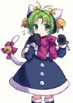  1girl :3 animal_hat bell black_mittens blue_coat blush cat_hat closed_mouth coat commentary_request cowboy_shot dejiko di_gi_charat earmuffs green_eyes green_hair hair_bell hair_ornament hands_up hat jingle_bell looking_to_the_side medium_bangs mittens parted_bangs pink_scarf pom_pom_(clothes) scarf short_hair simple_background smile solo standing tail tail_bell tail_ornament white_background white_headwear xox_xxxxxx 
