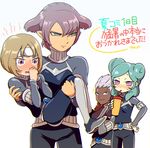  3boys alpha_(inazuma_eleven) bad_id bad_pixiv_id beta_(inazuma_eleven) blush carrying dark_skin einamu gamma_(inazuma_eleven) inazuma_eleven_(series) inazuma_eleven_go inazuma_eleven_go_chrono_stone multiple_boys no_pupils ogino_atsuki open_mouth protocol_omega purple_eyes standing white_background 